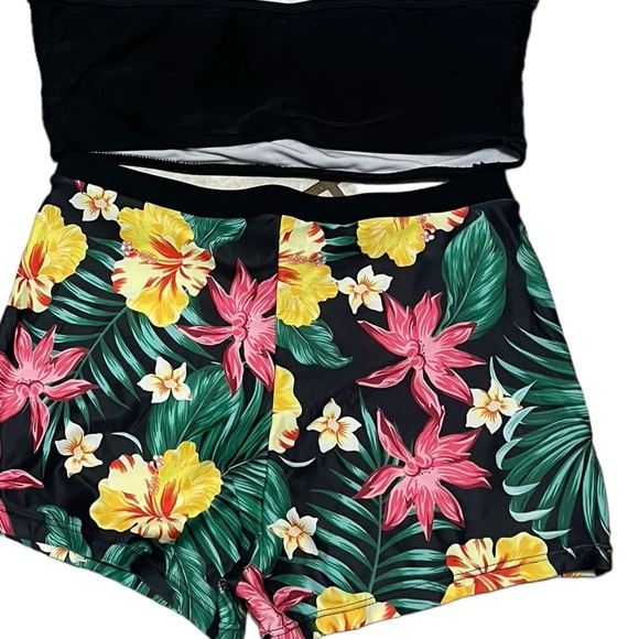 🌼💜NEW Tropical Floral Print Stretchy Black 3 Piece Swimsuit, Spaghetti Straps - Picture 8 of 8